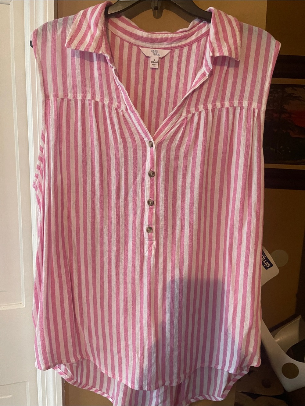 Time and Tru Pink and White Striped Sleeveless Button Front Top